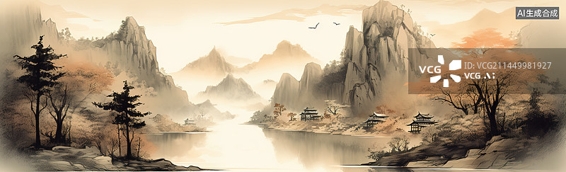 【AI数字艺术】国风秋季山水风景插画图片素材