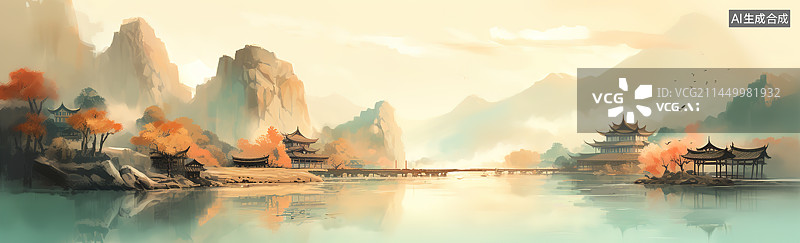 【AI数字艺术】国风秋季山水风景插画图片素材