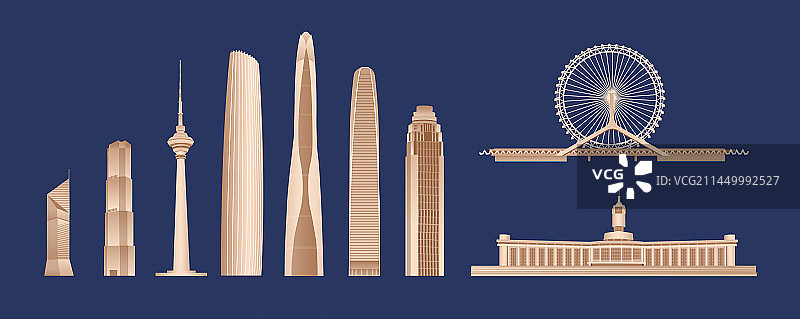 蓝金天津城市天际线建筑插画，天津庆典插画图片素材