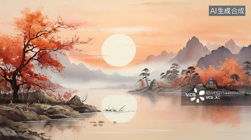 【AI数字艺术】水墨画湖泊红树林秋天，红枫叶国画背景图片素材