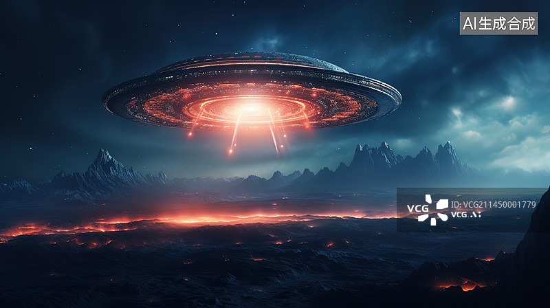 【AI数字艺术】UFO和外太空行星背景三维渲染图片素材