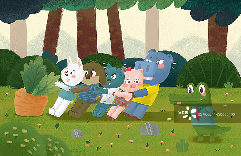 儿童插画可爱动物拔萝卜图片素材