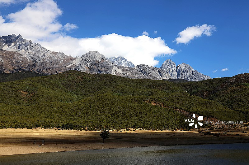 蓝天白云下的玉龙雪山与湖泊图片素材