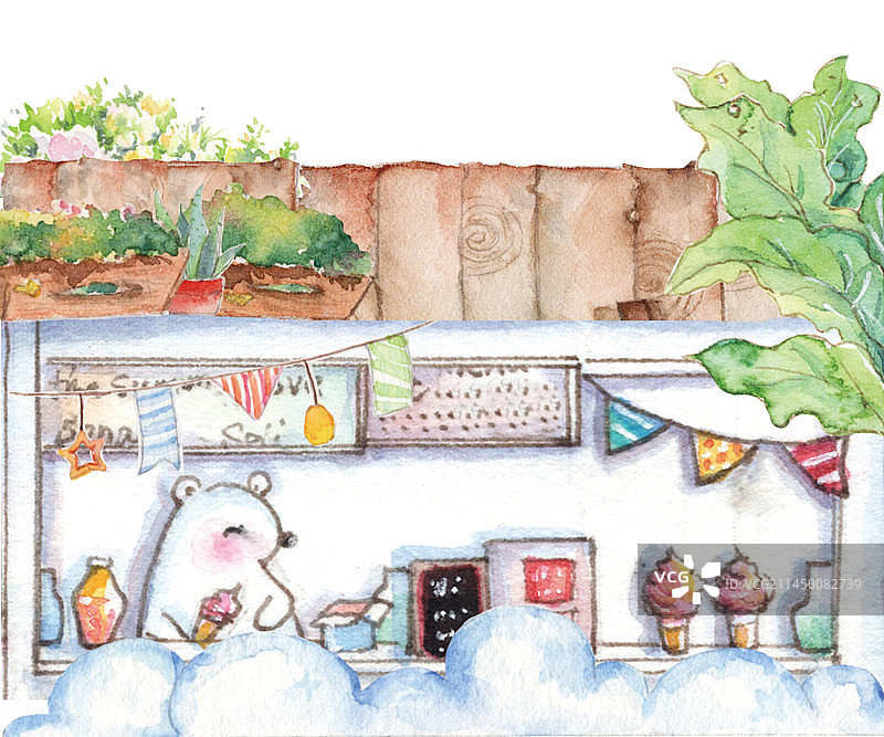 水彩手绘一只可爱的小熊仔掌柜甜品冰淇淋美食店图片素材