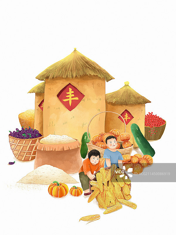 秋季丰收装满粮仓 国潮风五谷丰登大丰收 中国丰收年 两个年画娃娃搬着装满玉米的箩筐图片素材