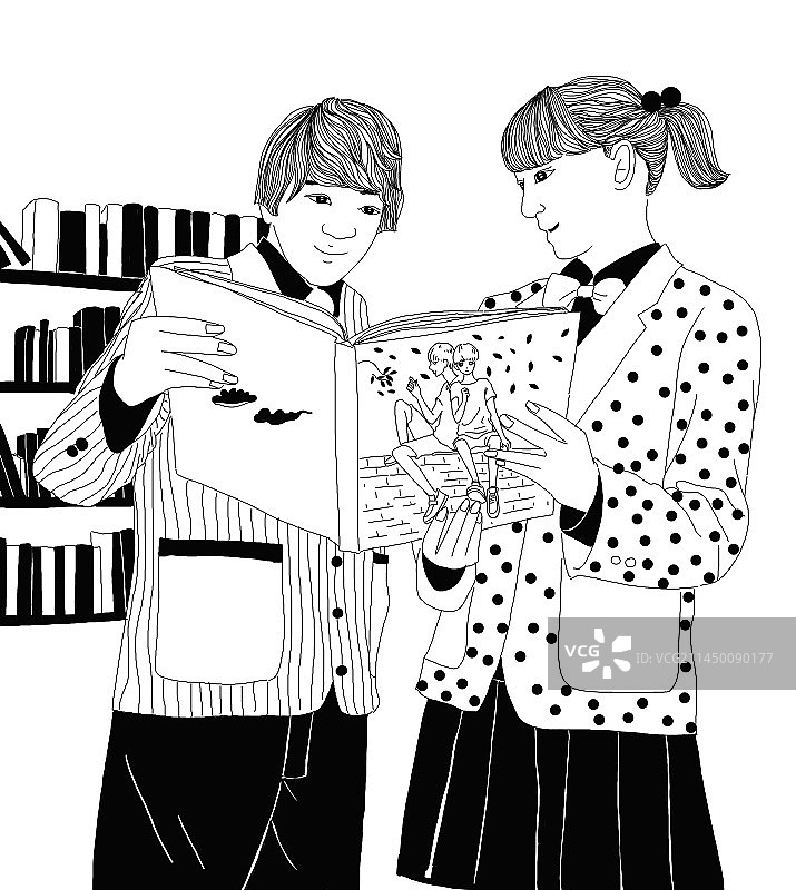 一起看书的男孩女孩图片素材