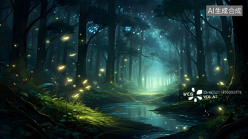 【AI数字艺术】梦幻的森林星空夜景图片素材