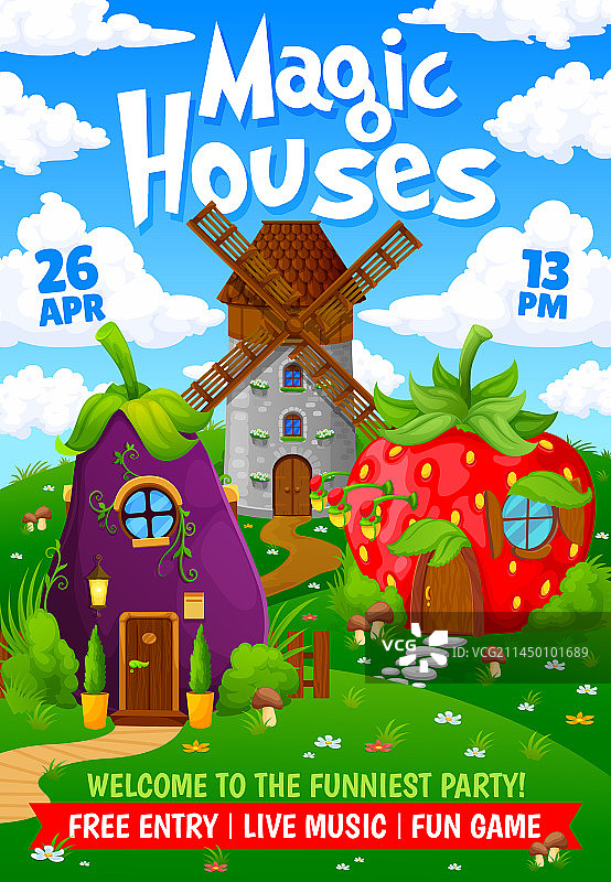 儿童派对宣传单卡通童话房屋村庄图片素材