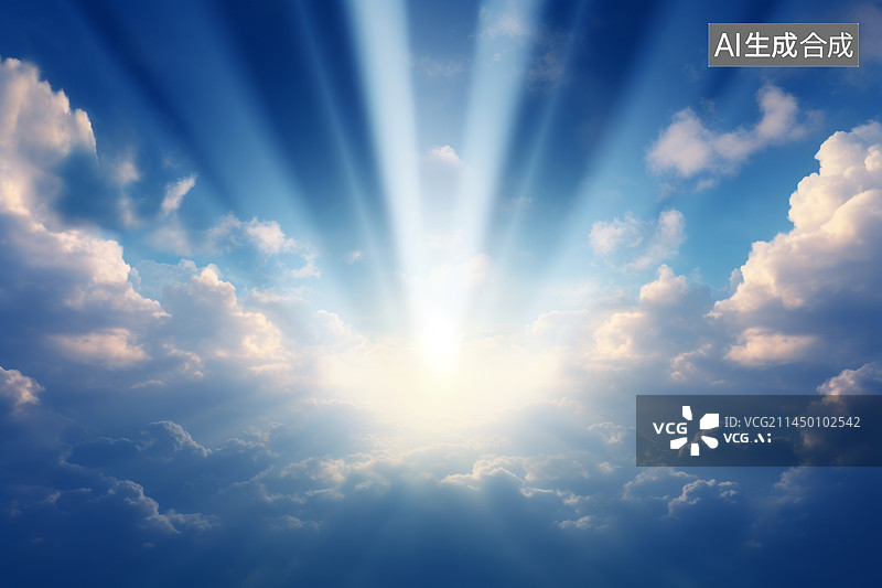 【AI数字艺术】蓝天白云阳光光束天空背景图图片素材