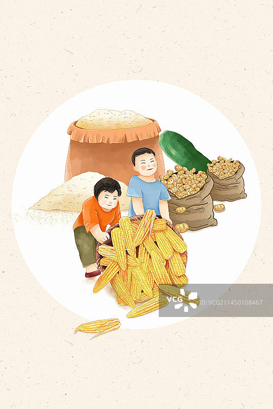丰收的季节 草两袋土豆和一袋大米 两个孩童搬装满玉米的箩筐图片素材
