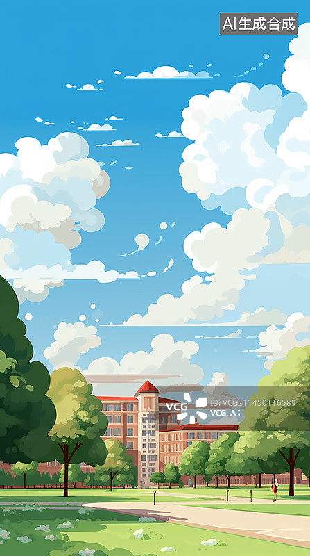 【AI数字艺术】九月开学季蓝天白云校园图片素材
