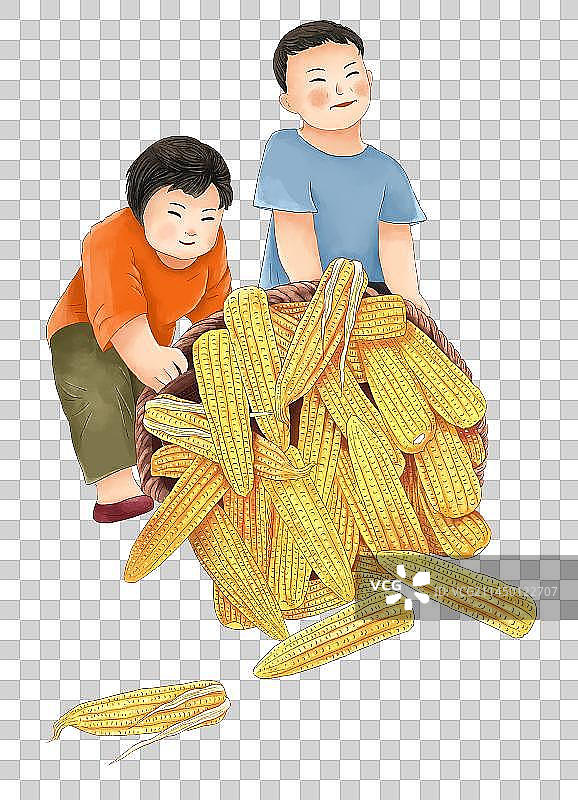 两个年画娃娃搬着装满玉米的箩筐图片素材