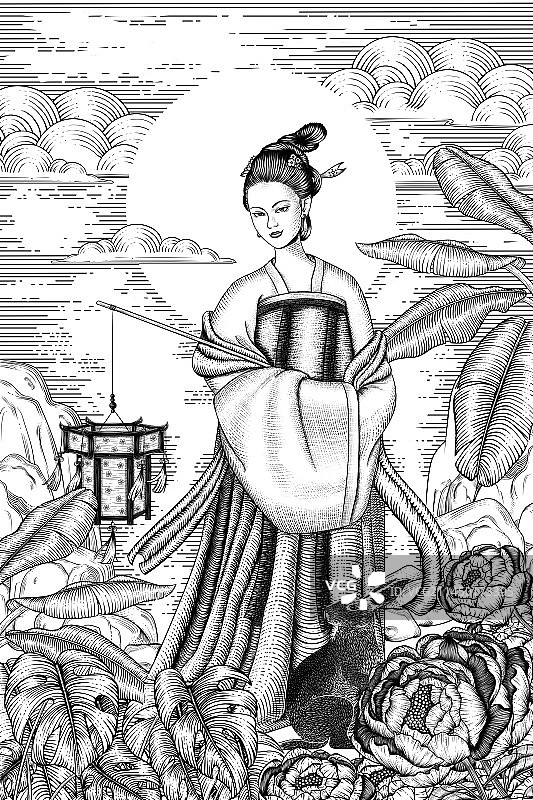 版画中秋嫦娥兔子月饼产品包装图片素材