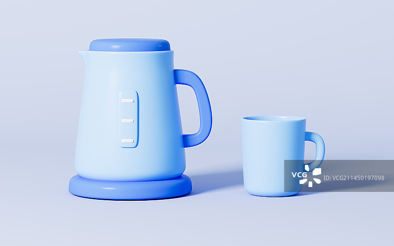 卡通电热水壶和杯子模型3D渲染图片素材