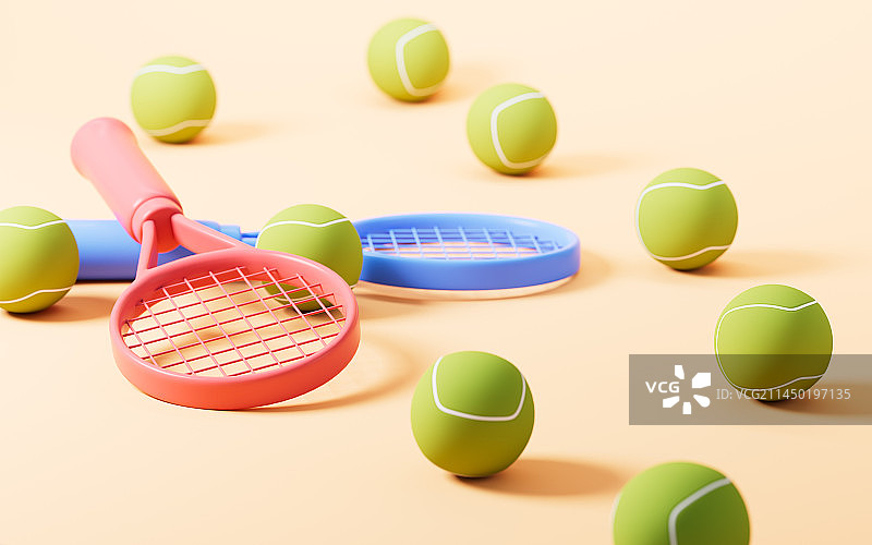 卡通网球与球拍3D渲染图片素材