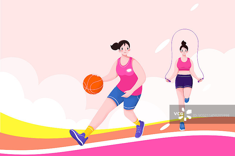 时尚扁平插画两个女人在打球跳绳锻炼身体图片素材