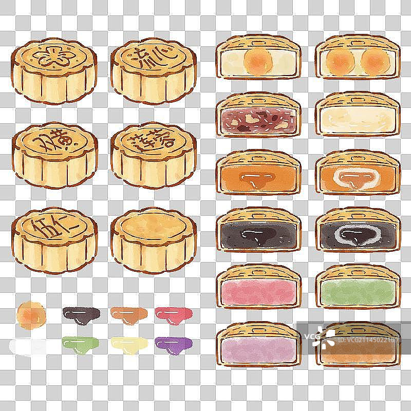 广式传统和创新月饼绘制插图图片素材