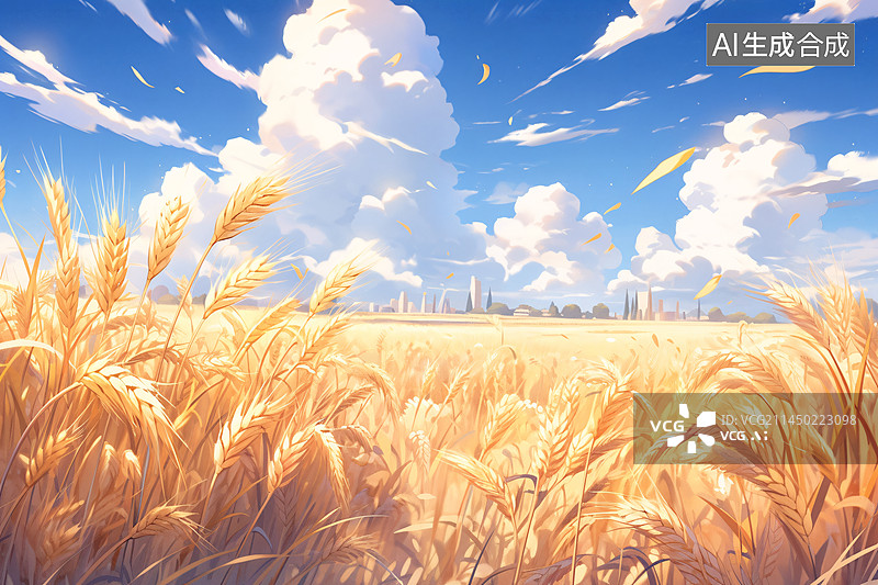 【AI数字艺术】秋分节气，秋天的小麦地，风吹麦浪插画图片素材