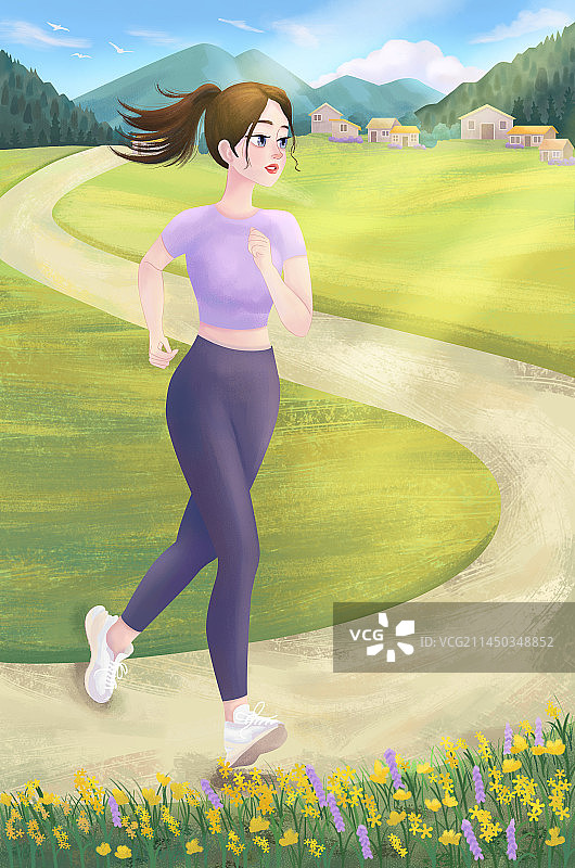 春天，在户外穿leggings跑步锻炼运动的女生图片素材