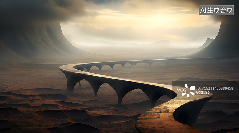 【AI数字艺术】沙漠中的石头天桥和路图片素材
