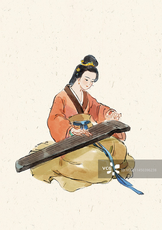 弹奏古琴的古代仕女插画图片素材