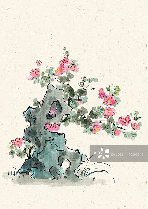 秋天的木芙蓉和假山景观元素图片素材