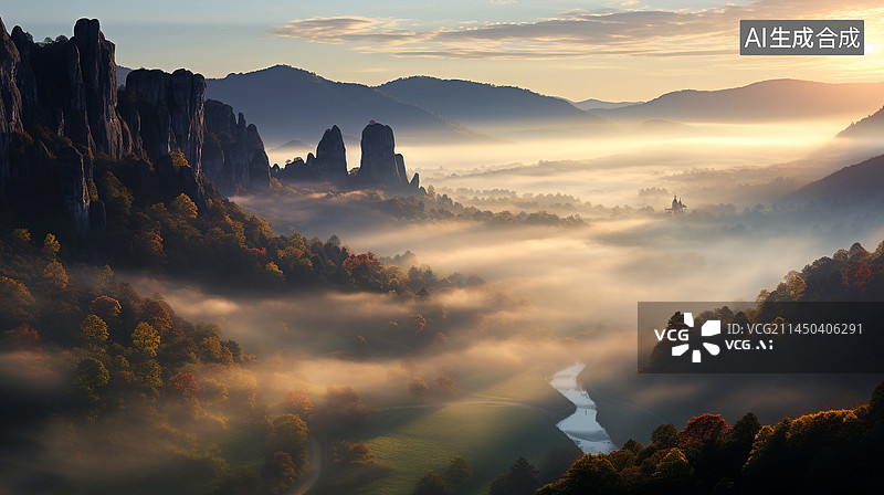 【AI数字艺术】山景的日出和薄雾全景图片素材
