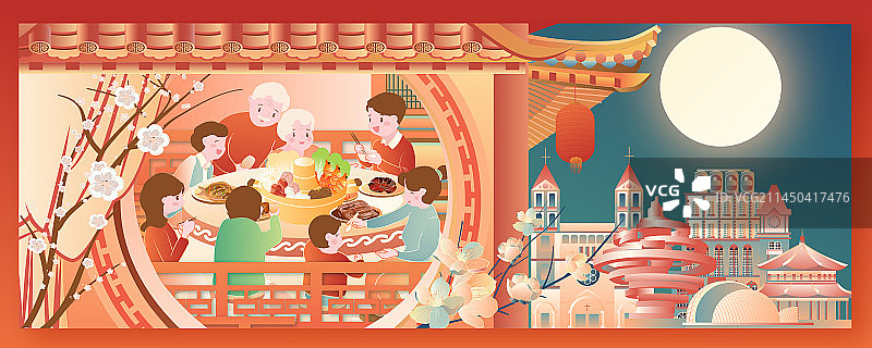 春节中秋元宵节团圆饭青岛古代现代地标建筑横版插画图片素材