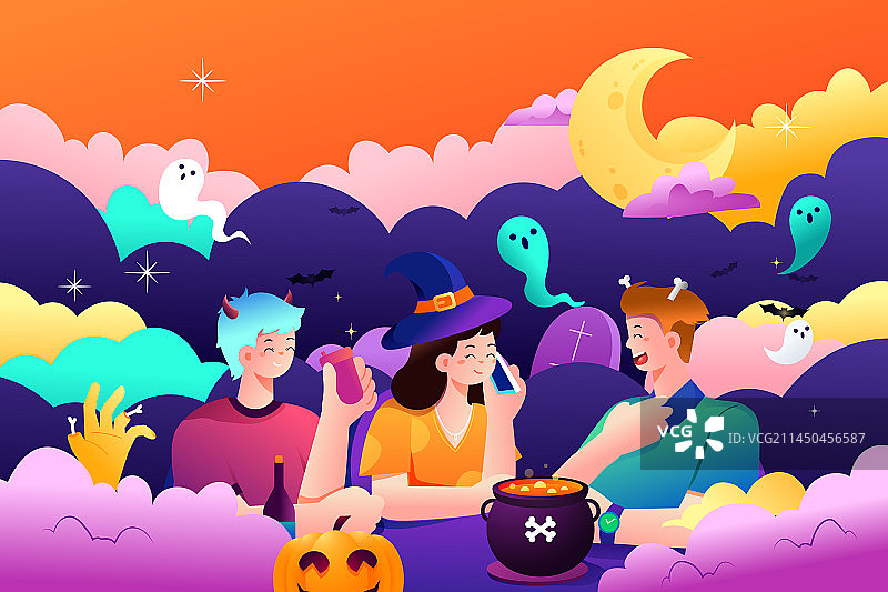 卡通万圣节派对庆祝西方节日娱乐休闲活动剧本杀学生朋友聚会女巫购物电商促销鬼怪野兽角色扮演渐变矢量插画图片素材