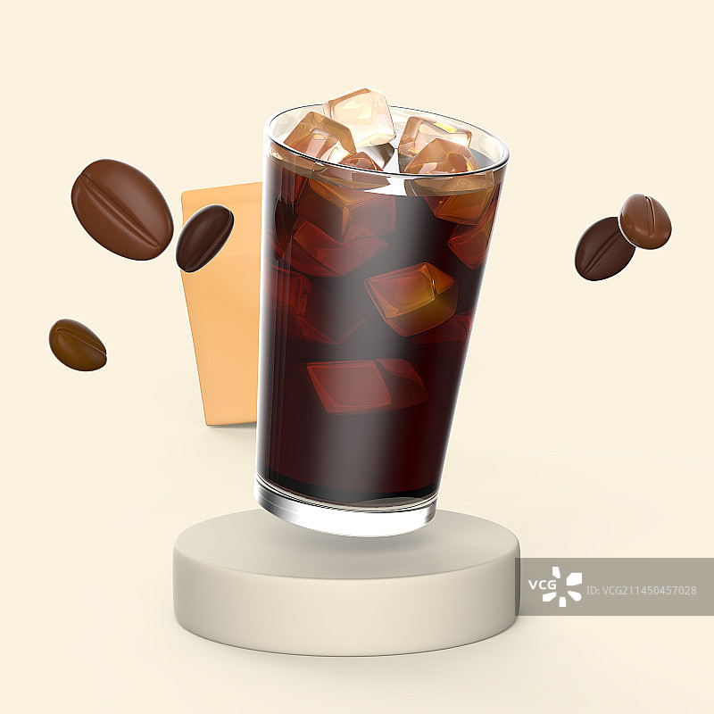 一杯热美式咖啡与咖啡豆和咖啡豆袋的3D饮品概念图片素材