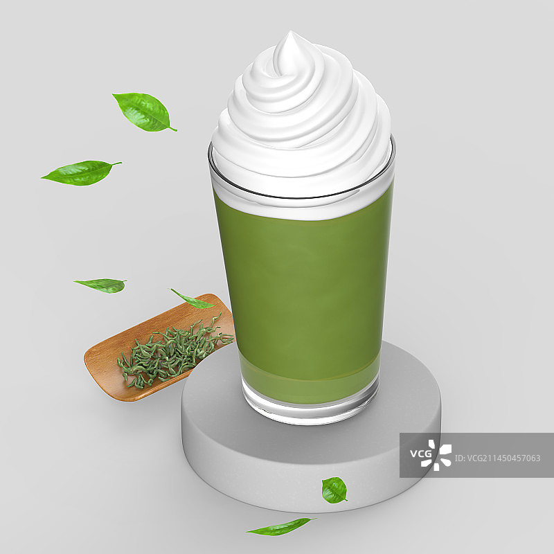 抹茶星冰乐饮料概念，配有鲜奶油和抹茶叶图片素材