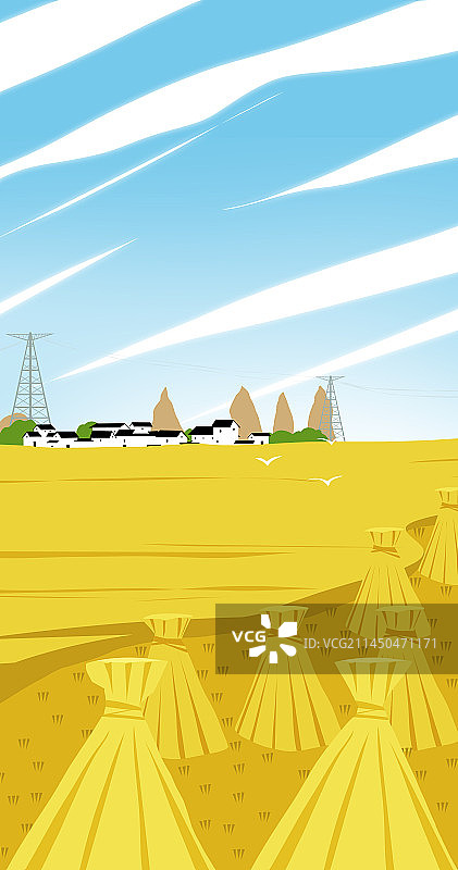 秋天麦子熟了乡村田园风景插画图片素材