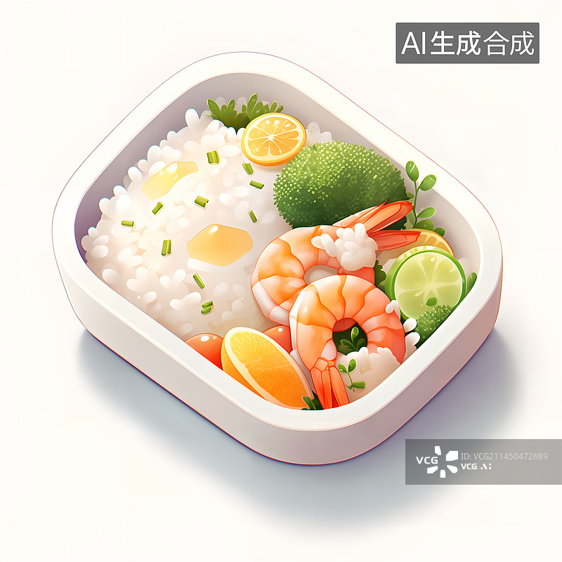 【AI数字艺术】虾仁米饭西兰花午餐盒饭便当插画图片素材