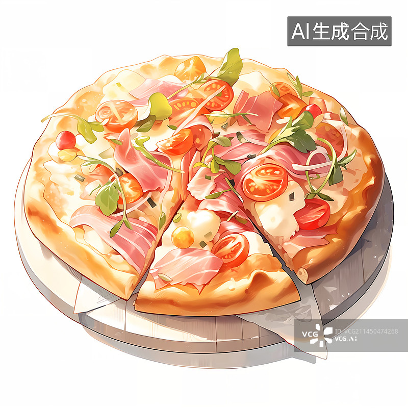 【AI数字艺术】一盘美味的番茄培根火腿披萨食物插画图片素材