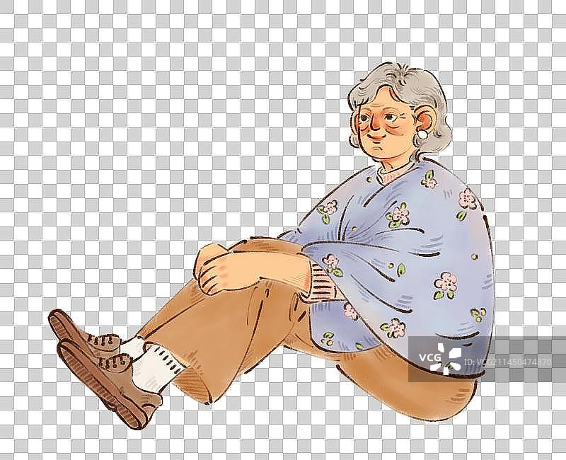 手绘披着披肩坐着的中老年女性插画图片素材