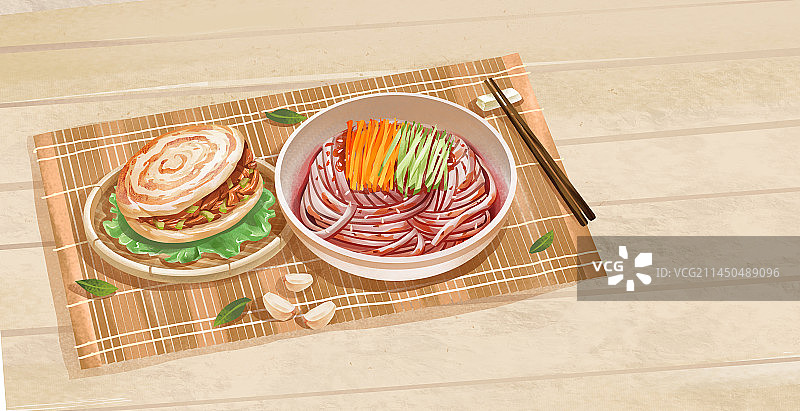 陕西西安传统美食之秦镇米皮和肉夹馍图片素材