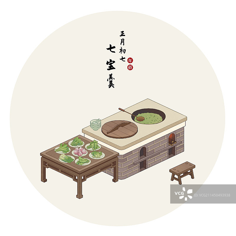年俗系列插画正月初七图片素材
