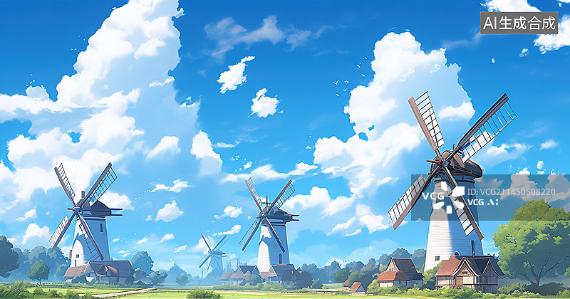 【AI数字艺术】小清新插画蓝天白云下的风车小镇图片素材