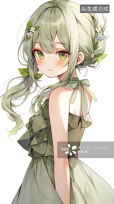 【AI数字艺术】可爱绿色连衣裙双马尾女孩图片素材