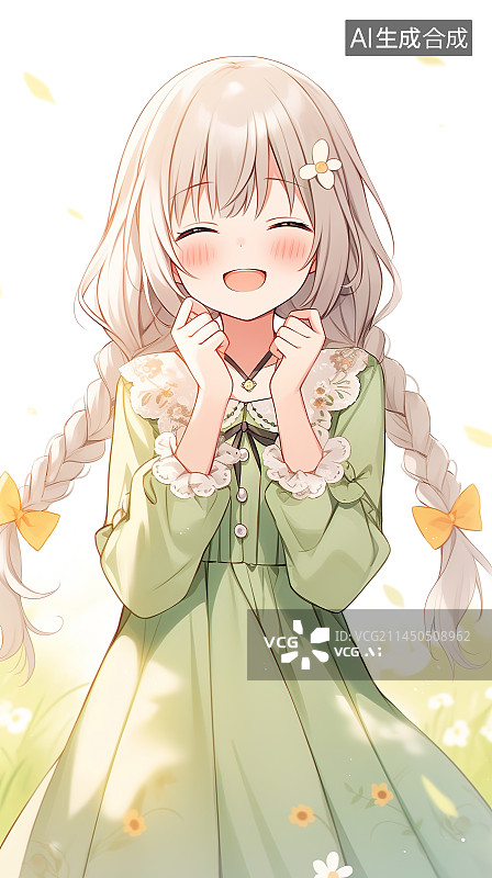 【AI数字艺术】可爱绿色连衣裙双马尾女孩图片素材