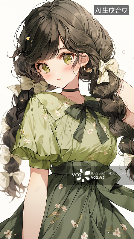 【AI数字艺术】可爱绿色连衣裙双马尾女孩图片素材
