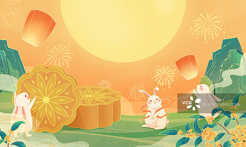 国潮中秋桂花玉兔月饼插画图片素材