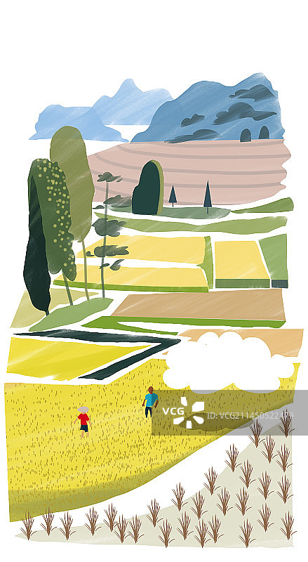 秋天秋季农村农业农民乡村乡下山川地理环境风景大山农田梯田收割农忙收获劳动插画图片素材