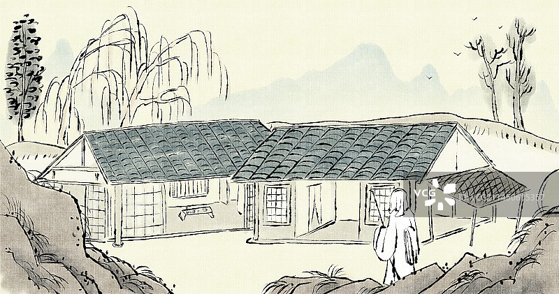 传统水墨山水中国画悠闲的古代诗人生活场景插画图片素材