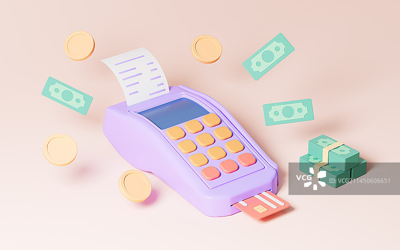 卡通pos机与现金3D渲染图片素材