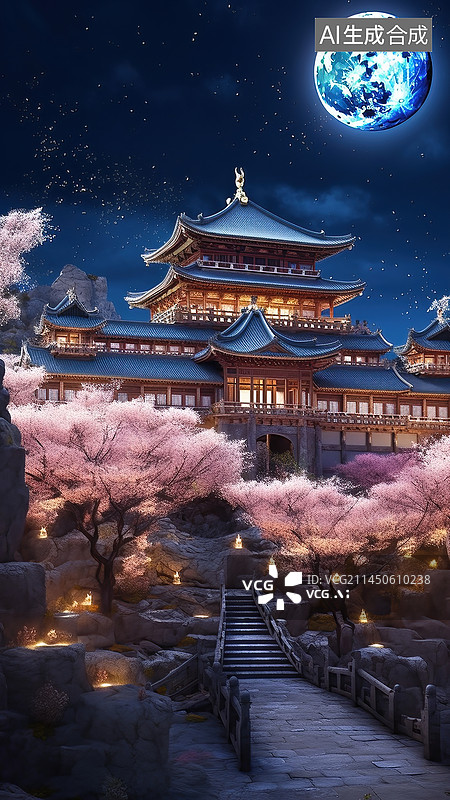 【AI数字艺术】中秋节中国风宫殿广寒宫桃花桃树夜晚环绕月亮天空图片素材