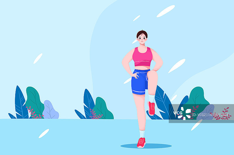 扁平插画一个女青年在高抬腿健身图片素材