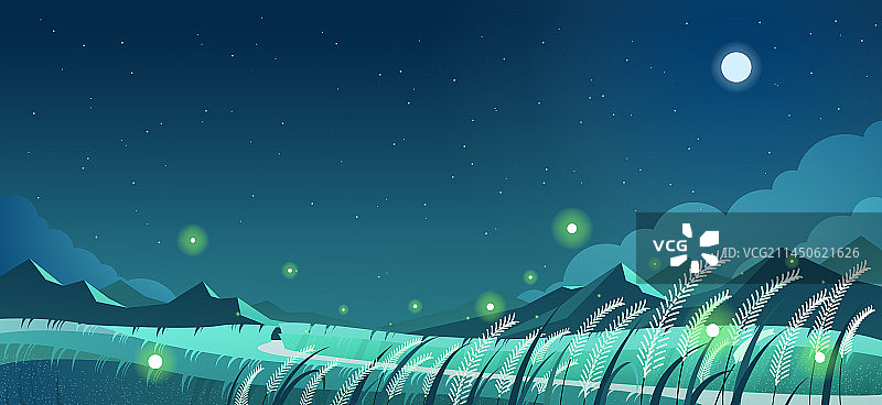 唯美星空下发光萤火虫栖息在白芒草原背景图片素材