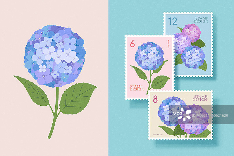 精致绣球花邮票集与隔离在浅粉色背景元素图片素材
