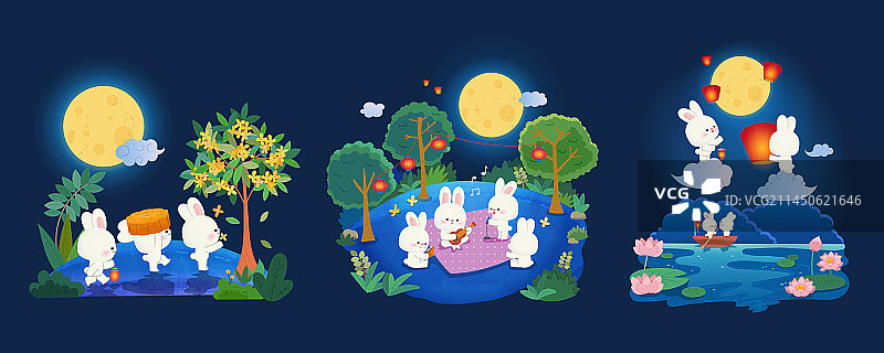 白兔与同伴们中秋欢乐户外活动插图集合图片素材